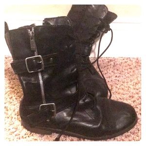 Combat boots with buckles and orange wedge heels